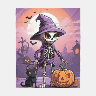 Couverture Polaire squelette d'Halloween avec chat noir et citrouille