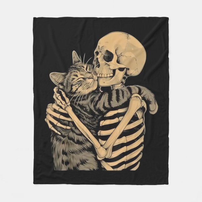 Couverture Polaire Squelette qui étreint un chat – Cadeau mignon pour (Devant)