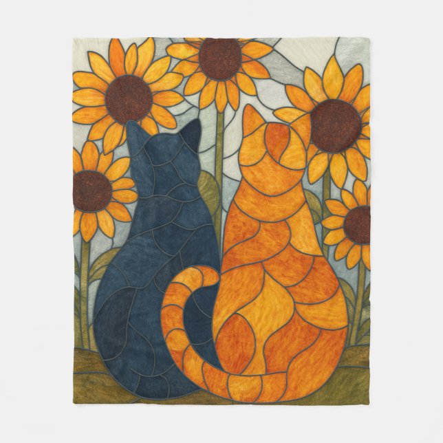 Couverture Polaire Stained Glass Cats and Sunflowers Art Design (Devant)