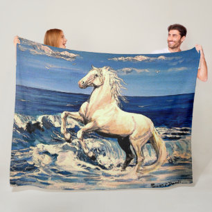 Couverture Polaire Stalion blanc, cheval andalou dans l'océan/paysag