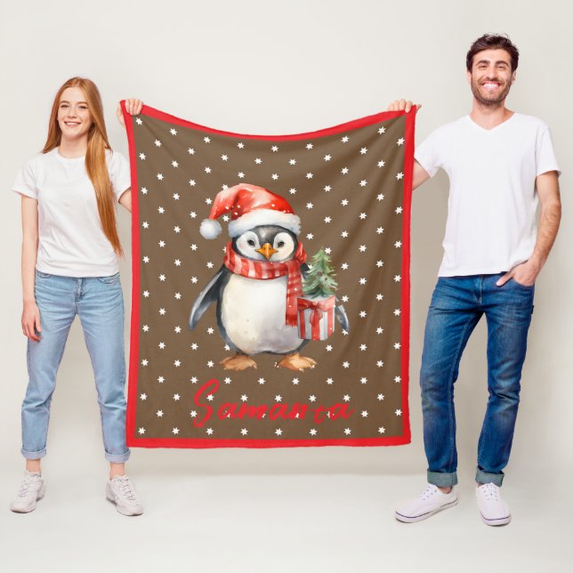 Couverture Polaire Star pattern penguin brown red name (En situation)