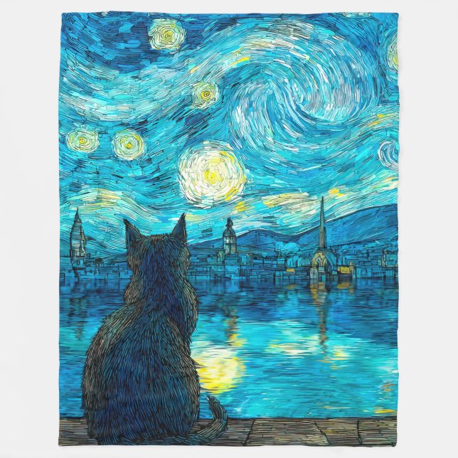 Couverture Polaire Starry Night Cat – Van Gogh Style Cat Art (Devant)
