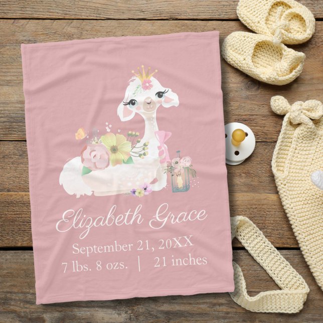 Couverture Polaire Statistiques de naissance Llama rose et blanc Fleu (Pink Llama birth stats  baby blanket)