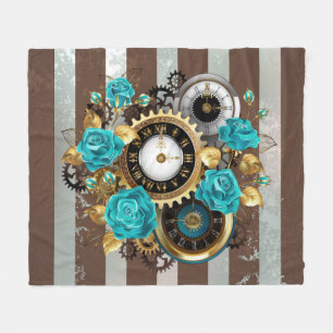 Couverture Polaire Steampunk Clock and Turquoise Roses on Striped