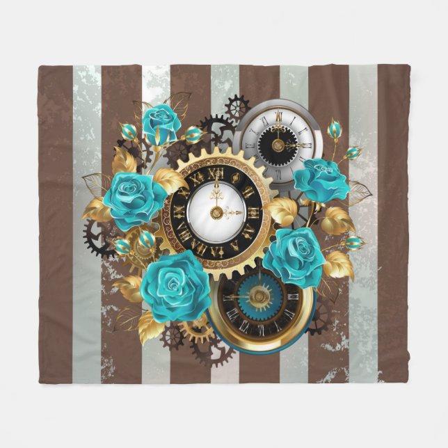 Couverture Polaire Steampunk Clock and Turquoise Roses on Striped (Devant (Horizontal))