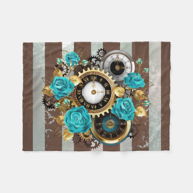 Couverture Polaire Steampunk Clock and Turquoise Roses on Striped (Devant (Horizontal))