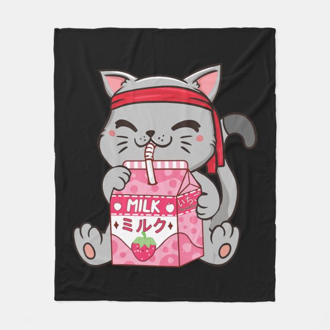 Couverture Polaire Strawberry Shake Strawberry Milk Cat Kawaii Neko A (Devant)