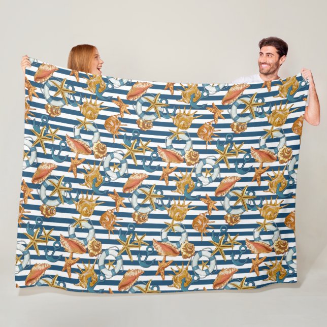 Couverture Polaire Stripe Marine Motif Ancre Ligne de vie Coques de m (En situation)