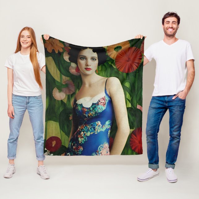 Couverture Polaire Style Art Déco Elégant Femme avec Grandes Fleurs A (En situation)