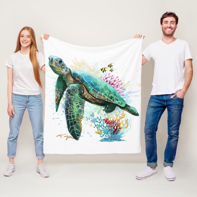 Couverture Polaire Style d'aquarelle sous-marine de tortue marine (En situation)