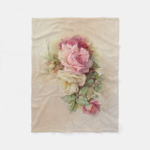Couverture Polaire Style peint à la main Roses Vintages rose et blanc