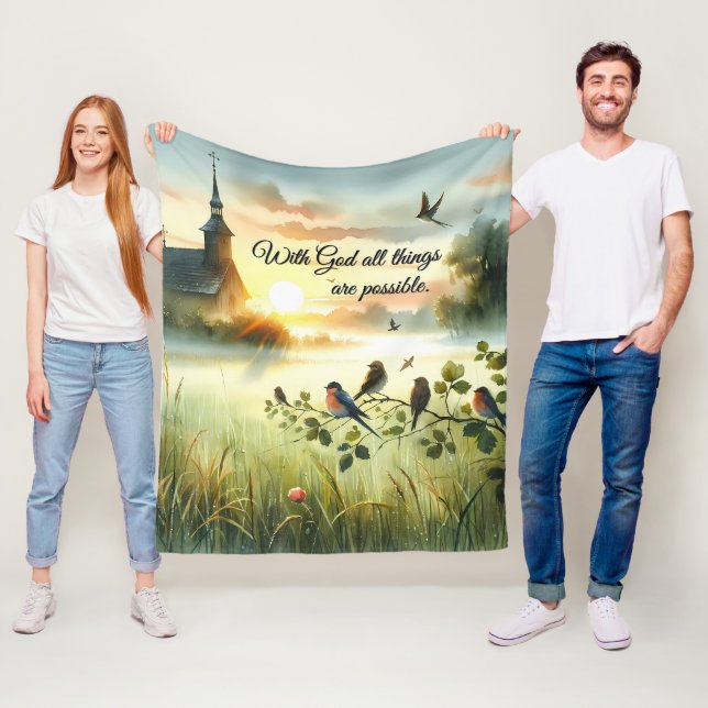 Couverture Polaire Sunrise Church with Birds in Misty Meadow (En situation)