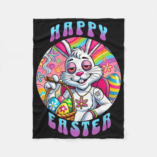 Couverture Polaire Super Joyeux lapin de Pâques Fumer mauvaises herbe (Devant)