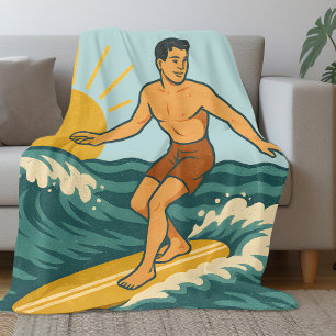 Couverture Polaire Surfeur Rétro Californie Surf de plage bleu côti