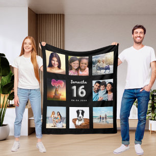 Couverture Polaire Sweet 16 noir argent photo collage nom