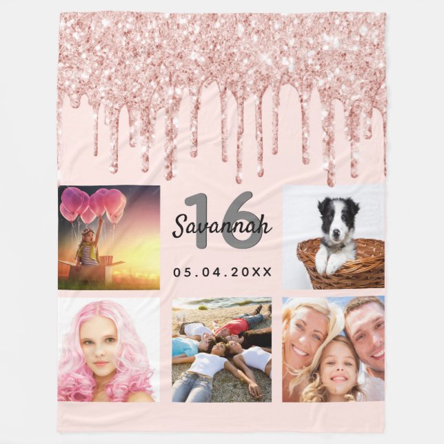 Couverture Polaire Sweet 16 ; rose blush or parties scintillant nom p (Devant)