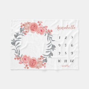 Couverture Polaire Sweet Rose Blush Floral Wreath Baby Girl Milestone
