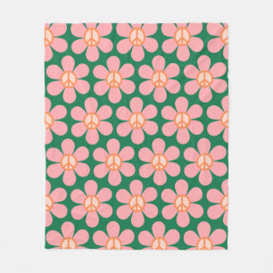 Couverture Polaire Symbole de Paix Hippie Rétro Fleur Vert et Rose 