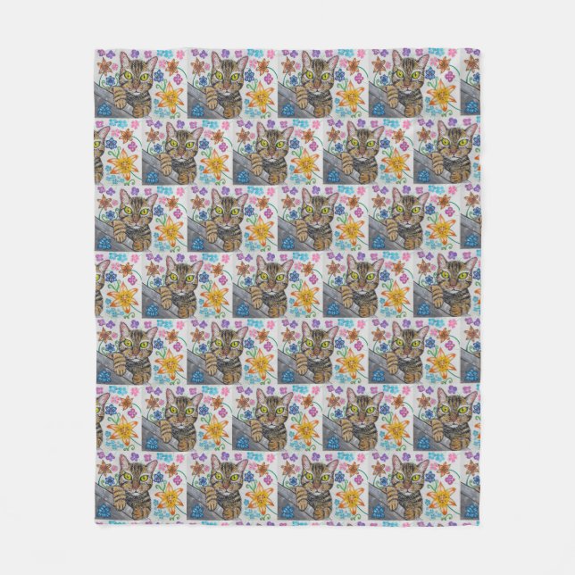 Couverture Polaire Tabby cat and flowers blanket  (Devant)