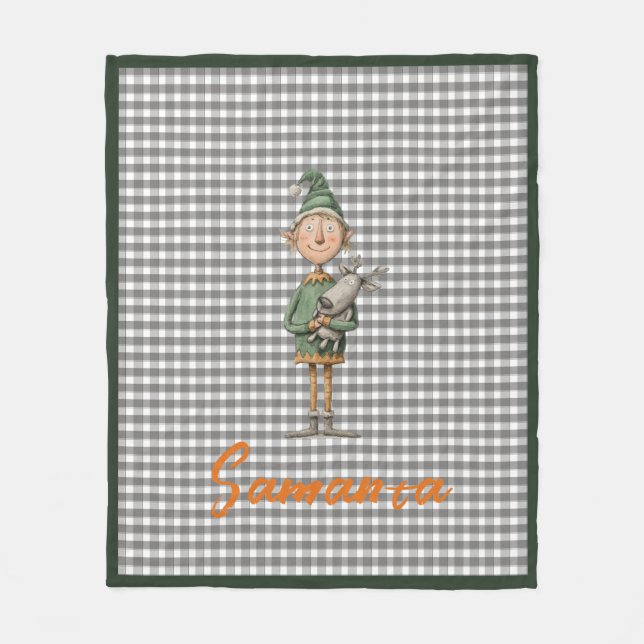 Couverture Polaire Tartan plaid christmas elf reideer grey white name (Devant)