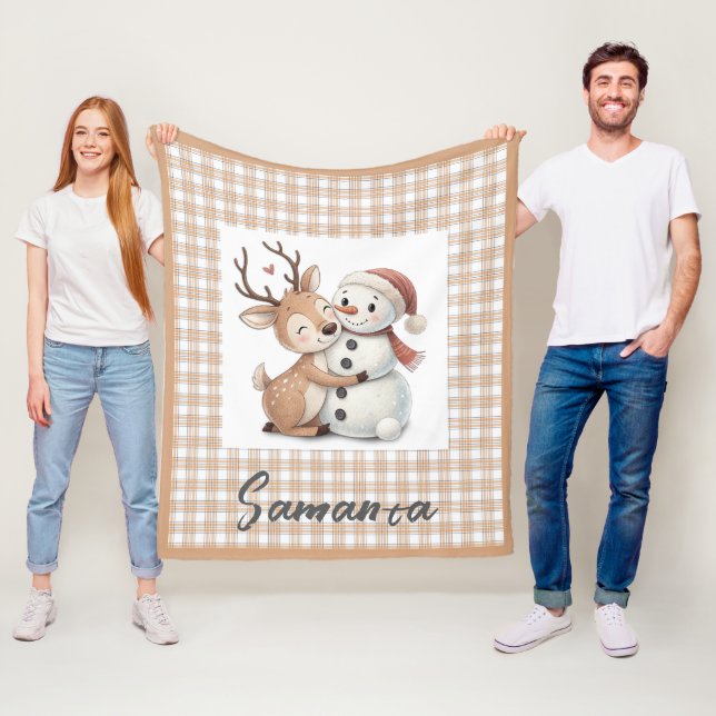 Couverture Polaire Tartan plaid reindeer snowman  beige white name (En situation)