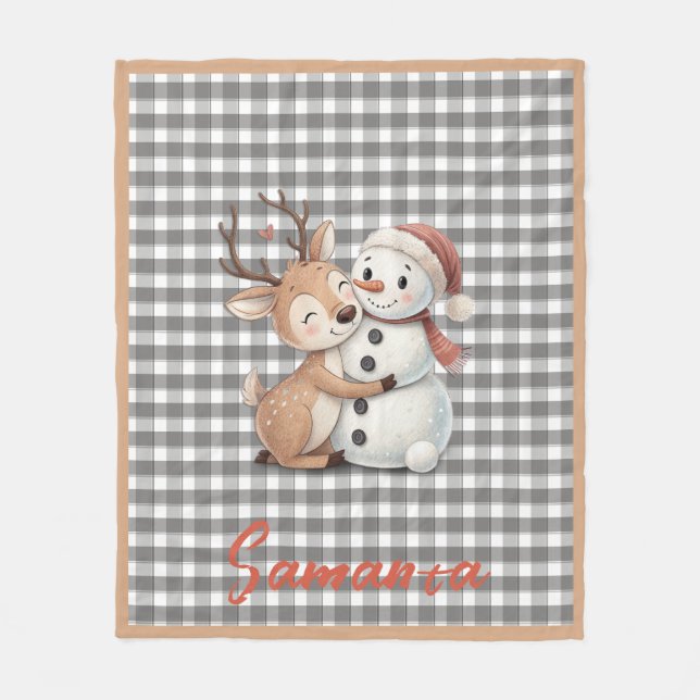 Couverture Polaire Tartan plaid reindeer snowman grey white name (Devant)
