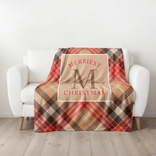Couverture Polaire Tartan Rouge Marron Monogramme Noël le Plus Joyeux
