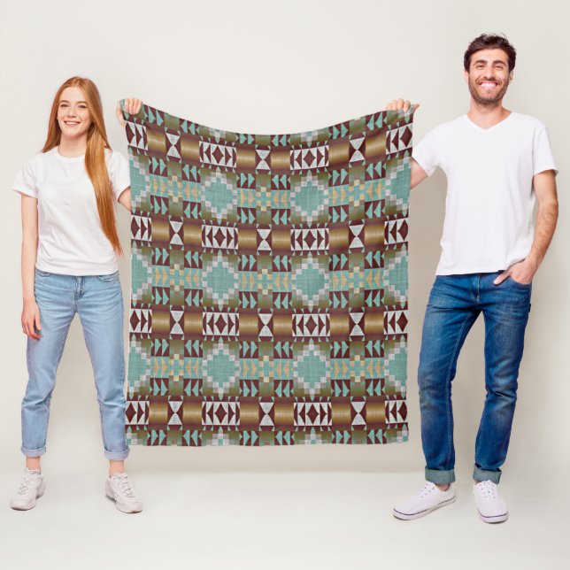 Couverture Polaire Taupe Brown Turquoise Aqua Blue Tribal Motif (En situation)