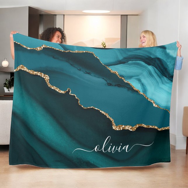 Couverture Polaire Teal Aqua Bleu Vert Agate Géode Monogramme Or (Créateur téléchargé)