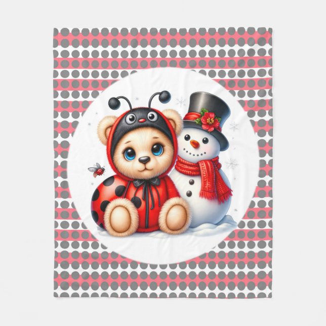 Couverture Polaire Teddy Bear Ladybug avec Snowman Baby shower cadeau (Devant)