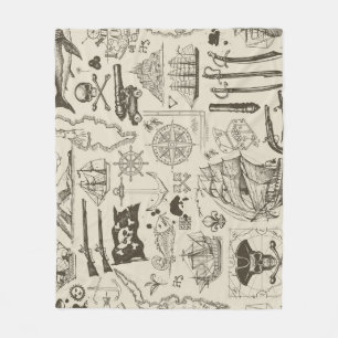 Couverture Polaire Thème pirate : motif nautique vintage.