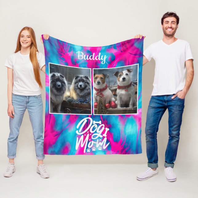 Couverture Polaire Tie Dye Chien Maman Personnalisée Pink Blue (En situation)