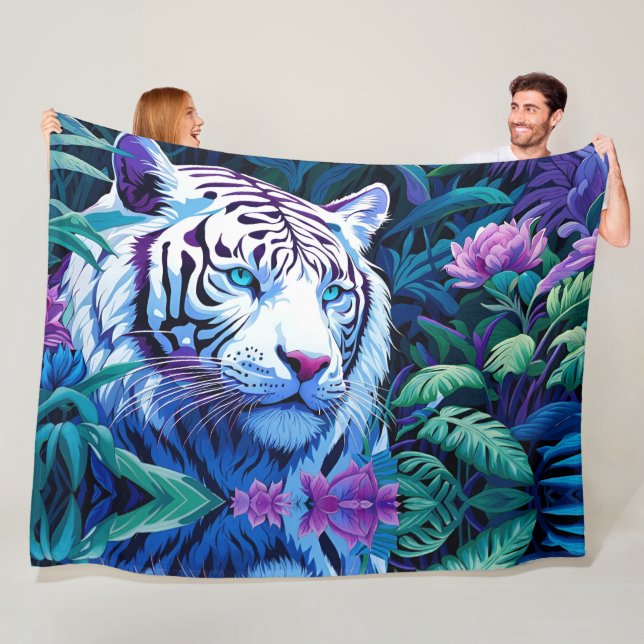 Couverture Polaire Tigre blanc en fleurs violettes (En situation)