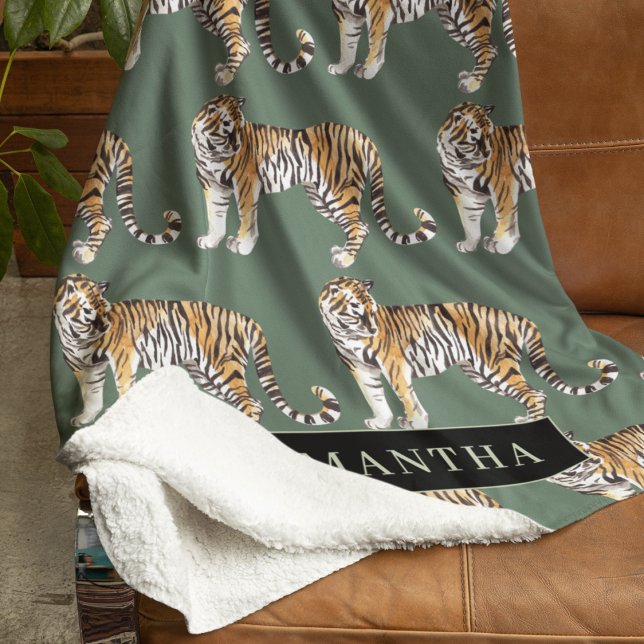 Couverture Polaire Tigres d'aquarelle verte tropicale Motif avec nom (Créateur téléchargé)