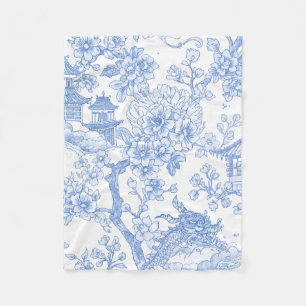 Couverture Polaire Toile de chinoiserie bleue Dragon Fleur de cerisie