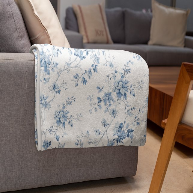 Couverture Polaire Toile De Jouy Floral Blue Chinoiseries Pattern (Toile De Jouy Floral Blue Chinoiseries Pattern Fleece Blanket (Larage))
