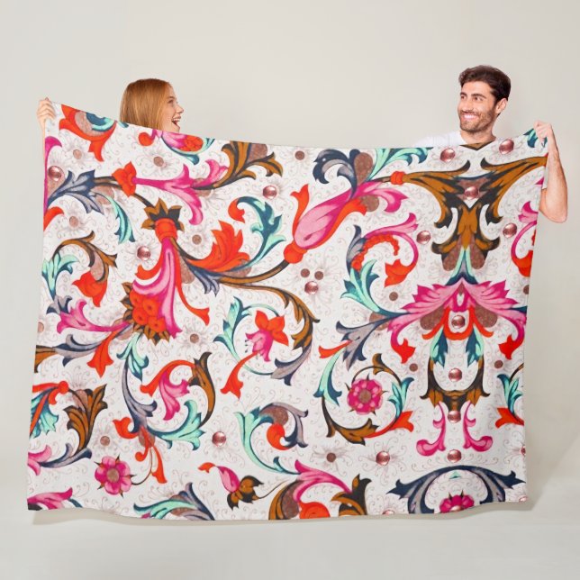 COUVERTURE POLAIRE TOURBILLONS FLORAUX ROUGES DE LA RENAISSANCE FLORE (En situation)