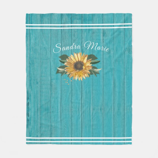 Couverture Polaire Tournesol jaune doré rustique Bois Turquoise | (Devant)