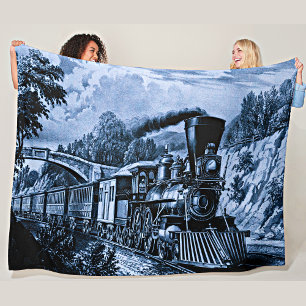 Couverture Polaire Train à vapeur vintage Chemin de fer bleu