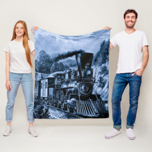 Couverture Polaire Train à vapeur vintage Chemin de fer bleu