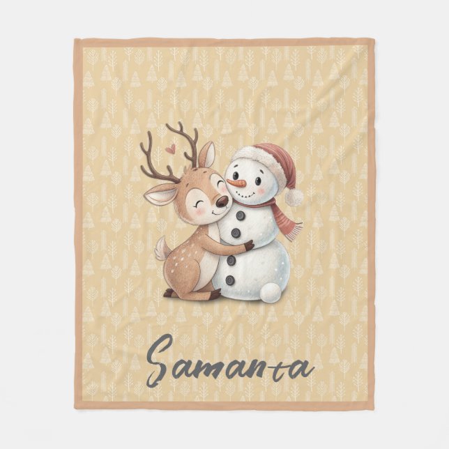 Couverture Polaire Tree pattern reindeer snowman orange beige name (Devant)