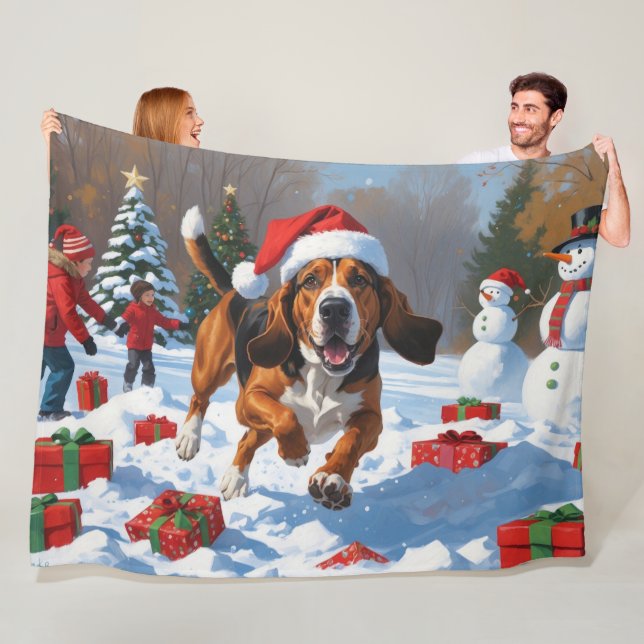 Couverture Polaire Trek Walker Coonhound Neige avec Casquette de Noël (En situation)
