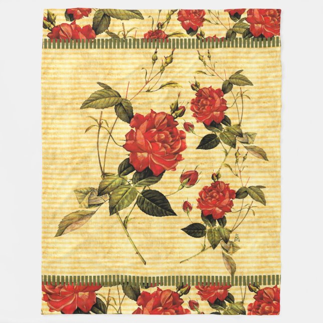 Couverture Polaire Trésors du grenier - Roses rouges sur bandes jaune (Devant)