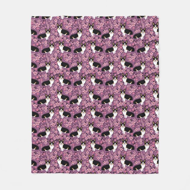 Couverture Polaire Tri fleurs de cerisier colorées de corgi - pourpre (Devant)