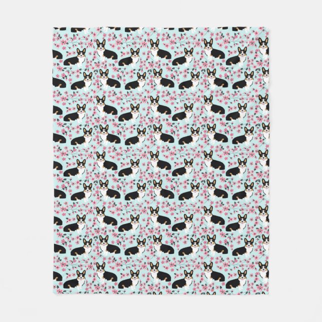 Couverture Polaire Tri fleurs de cerisier de corgi - bleu (Devant)