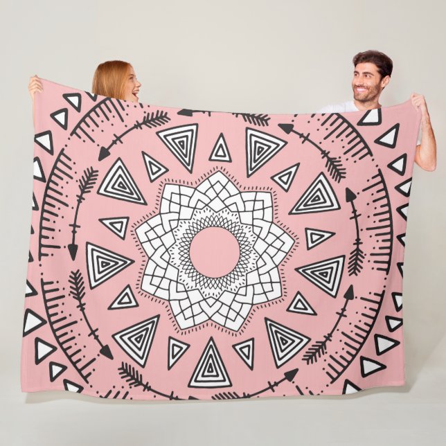 Couverture Polaire Tribal Aztèque Bohème Rose Noir Mandala (En situation)