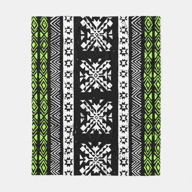 Couverture Polaire Tribal Navajo, motif noir blanc vert. (Devant)