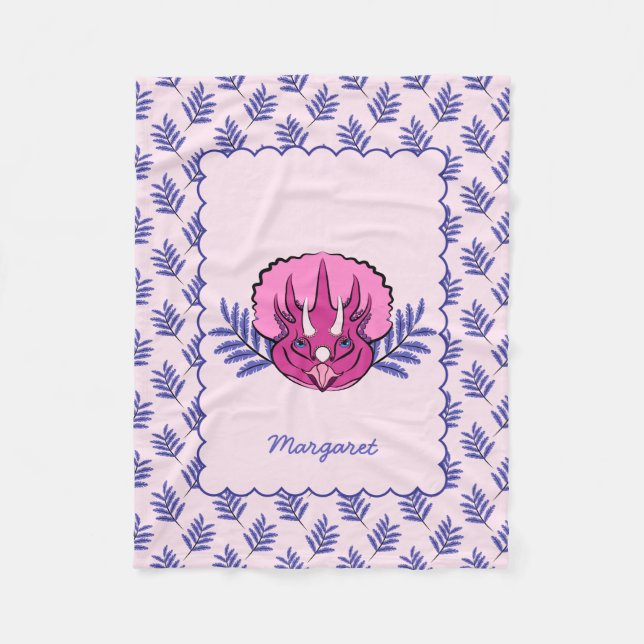 Couverture Polaire Tricératops Joli Dinosaure rose avec Motif feuille (Devant)