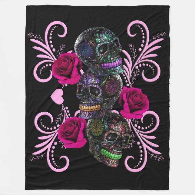 Couverture Polaire Triple Jour Noir Des Crânes Morts Roses Rose (Devant)