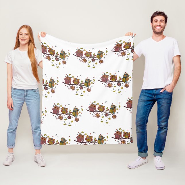 Couverture Polaire Trois hiboux sur branche (En situation)